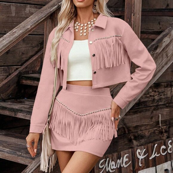 Pink Casual Women's Skirt and Jacket Two Piece Set - Picture 6 of 6